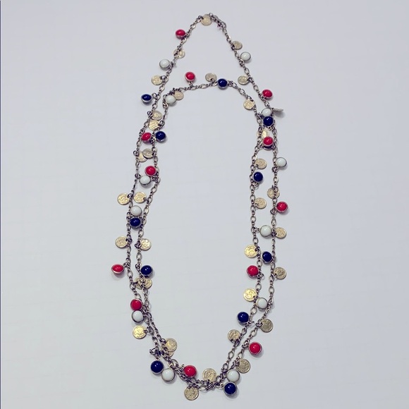 26” Gold Tone Beaded Necklace Red White Blue - Picture 1 of 7